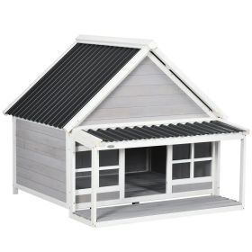 Wooden Dog House with Porch, Dog House Outdoor with Tilt Roof, Front Door, Windows for Medium Large Sized Dog